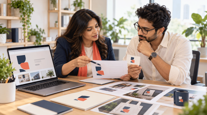 Business owner writing a logo design brief with a branding designer