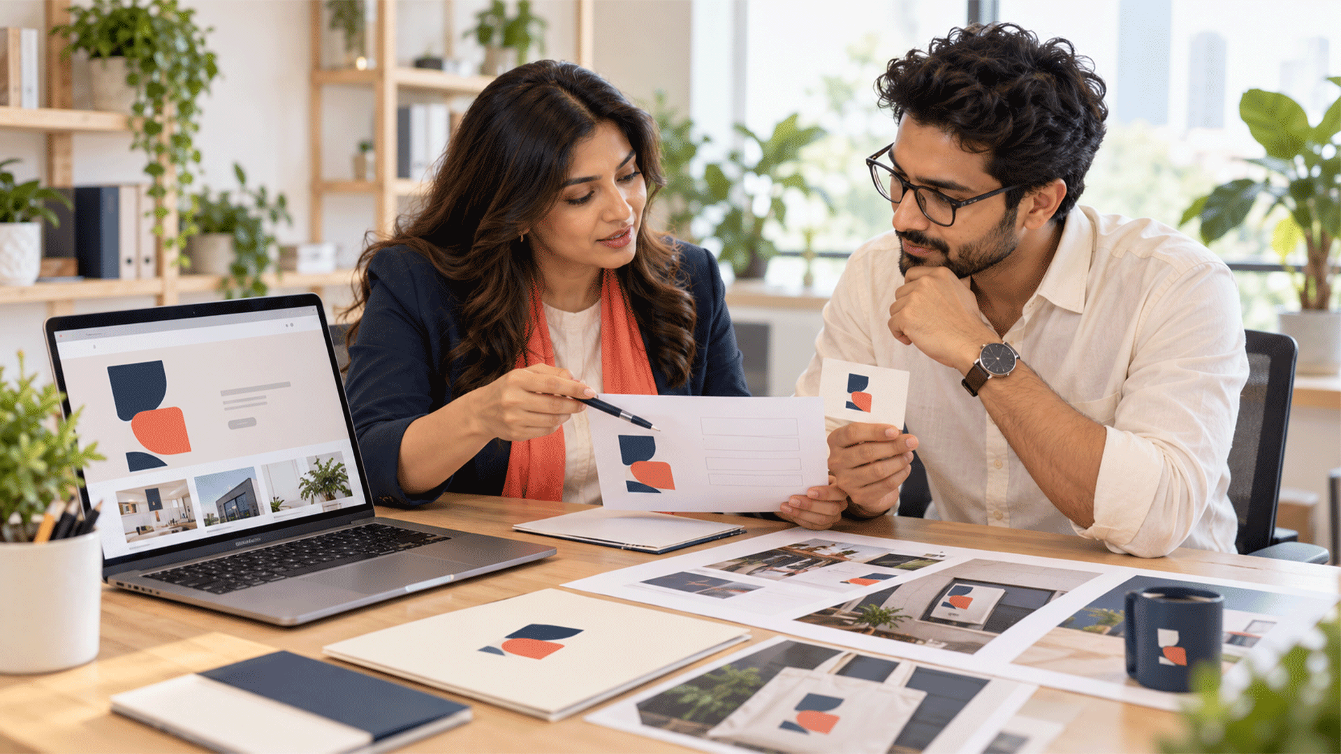Business owner writing a logo design brief with a branding designer