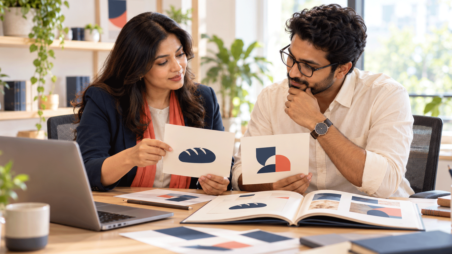 Designer and business owner comparing a bread symbol with an abstract logo concept