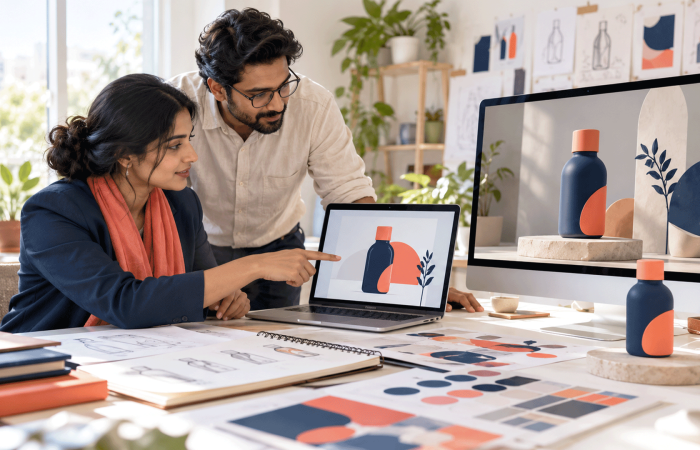 Designer and business owner comparing flat and dimensional product animation concepts
