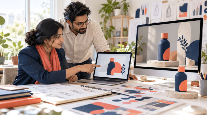 Designer and business owner comparing flat and dimensional product animation concepts