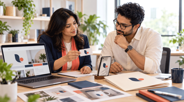 Designer and business owner comparing three logo concepts at a desk