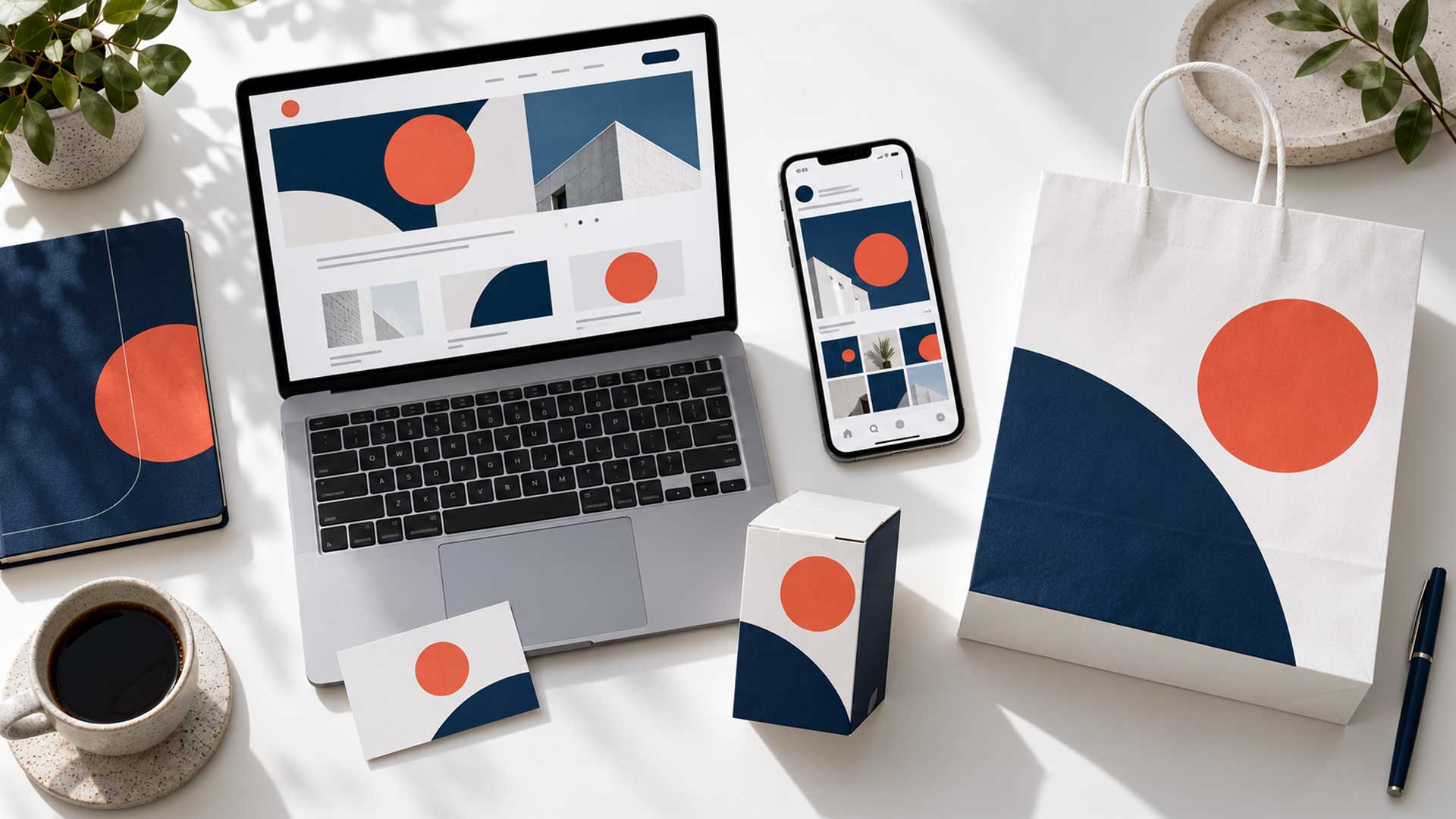 Matching brand design across a website, social media, packaging, and stationery
