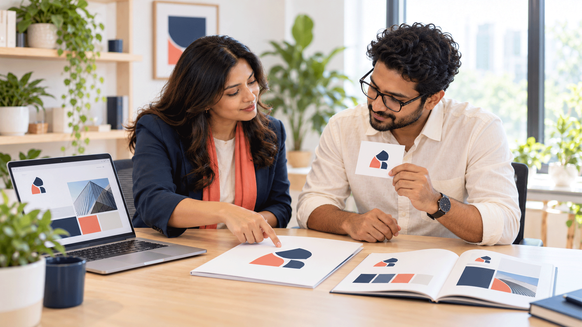 Business owner and designer reviewing an existing logo alongside coordinated business materials