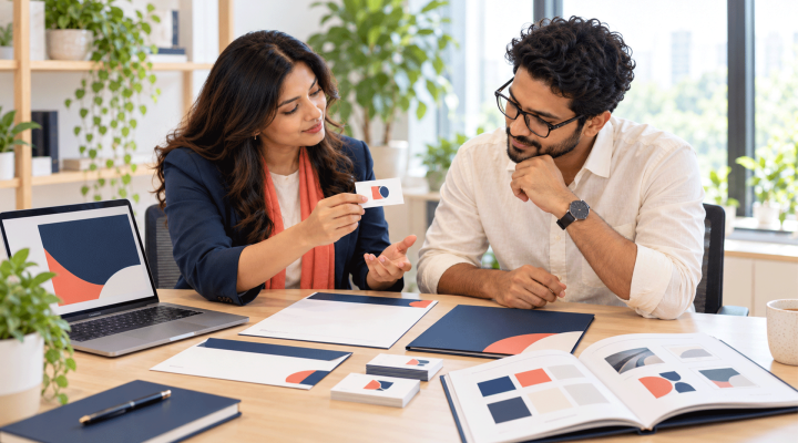 Business owner and designer reviewing coordinated corporate identity materials