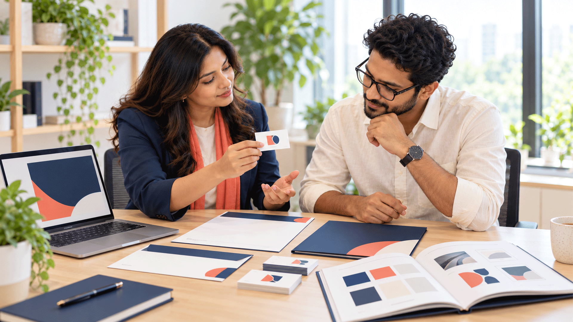 Business owner and designer reviewing coordinated corporate identity materials