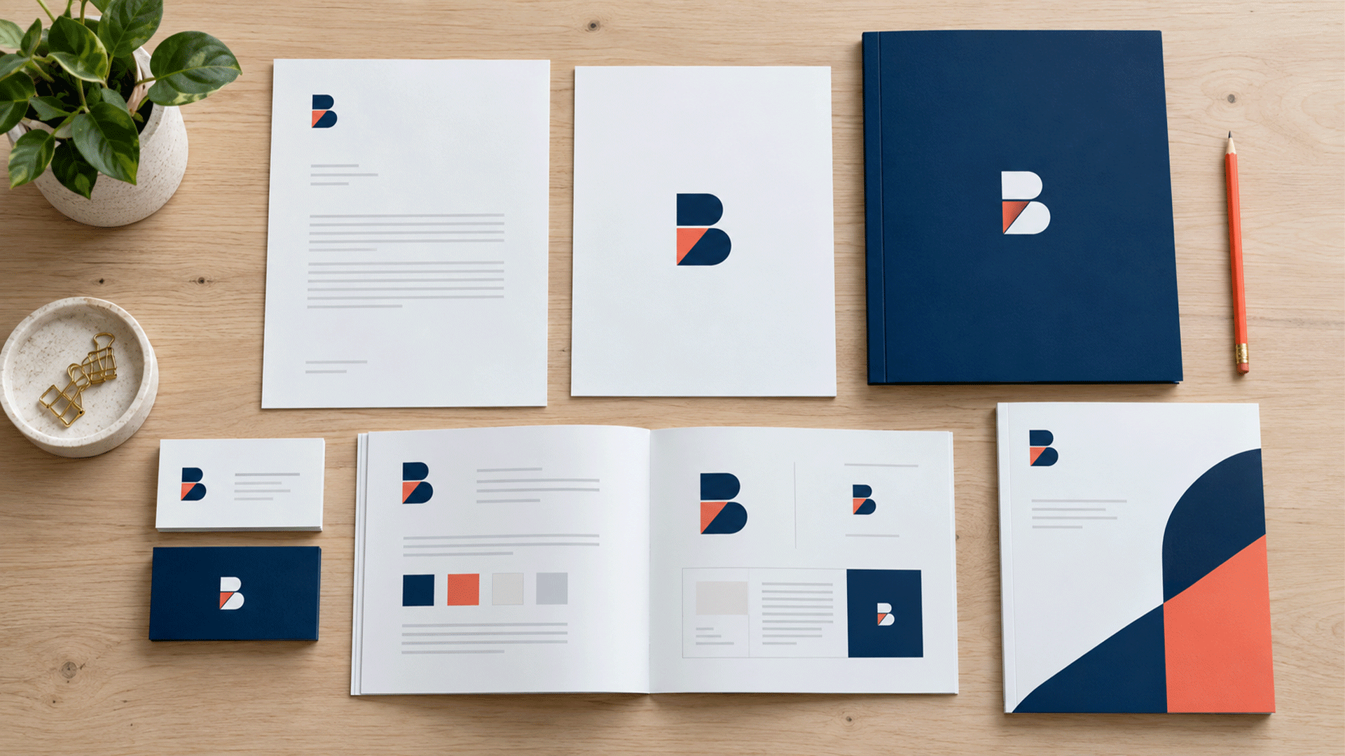 A single logo applied across stationery, a proposal, and a brand guide