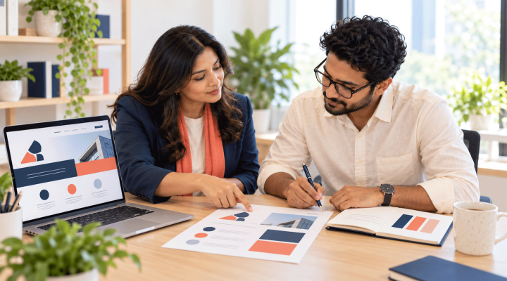 Startup founder and designer planning a focused set of corporate identity materials