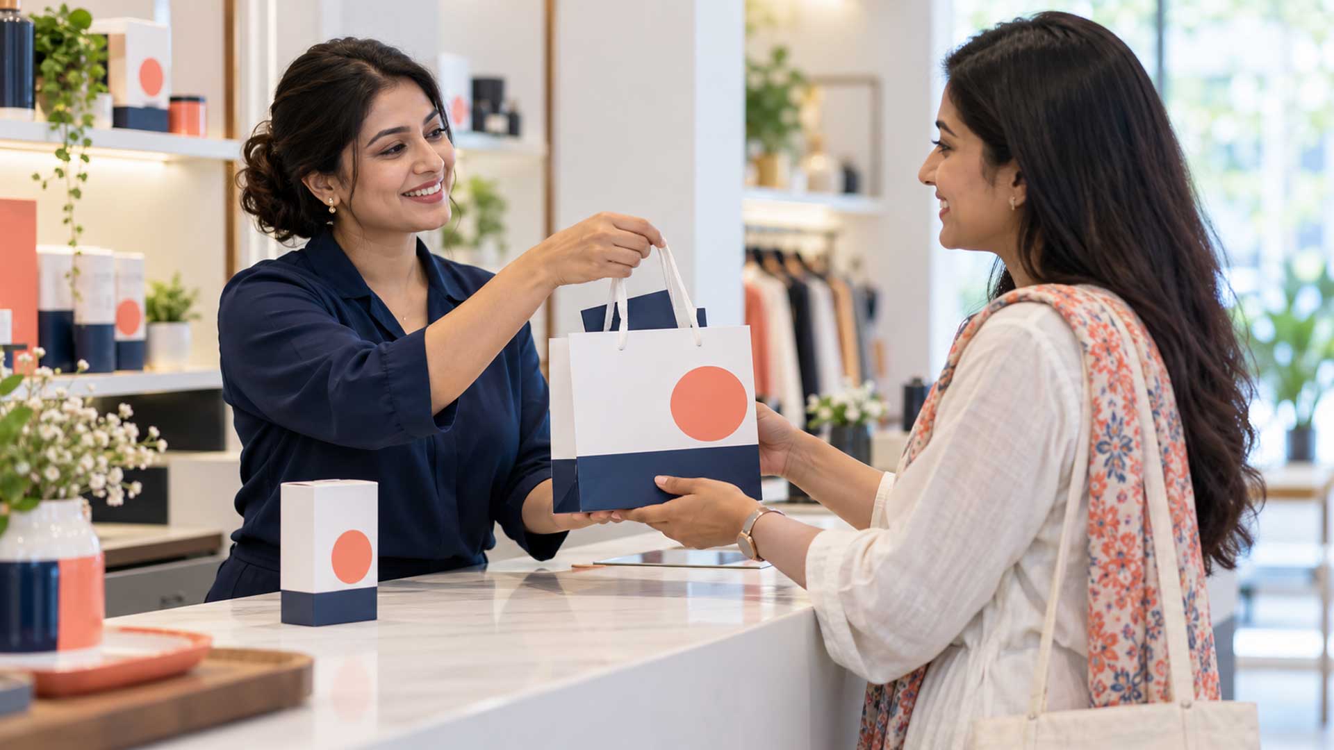 Business owner delivers a thoughtfully packaged purchase to a customer