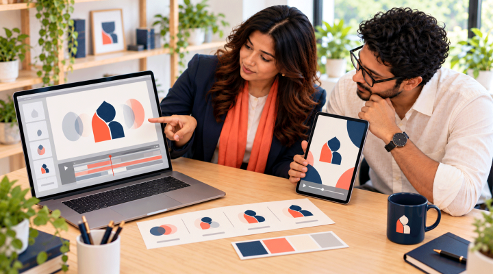 Designer and business owner reviewing a motion branding concept on a laptop and tablet