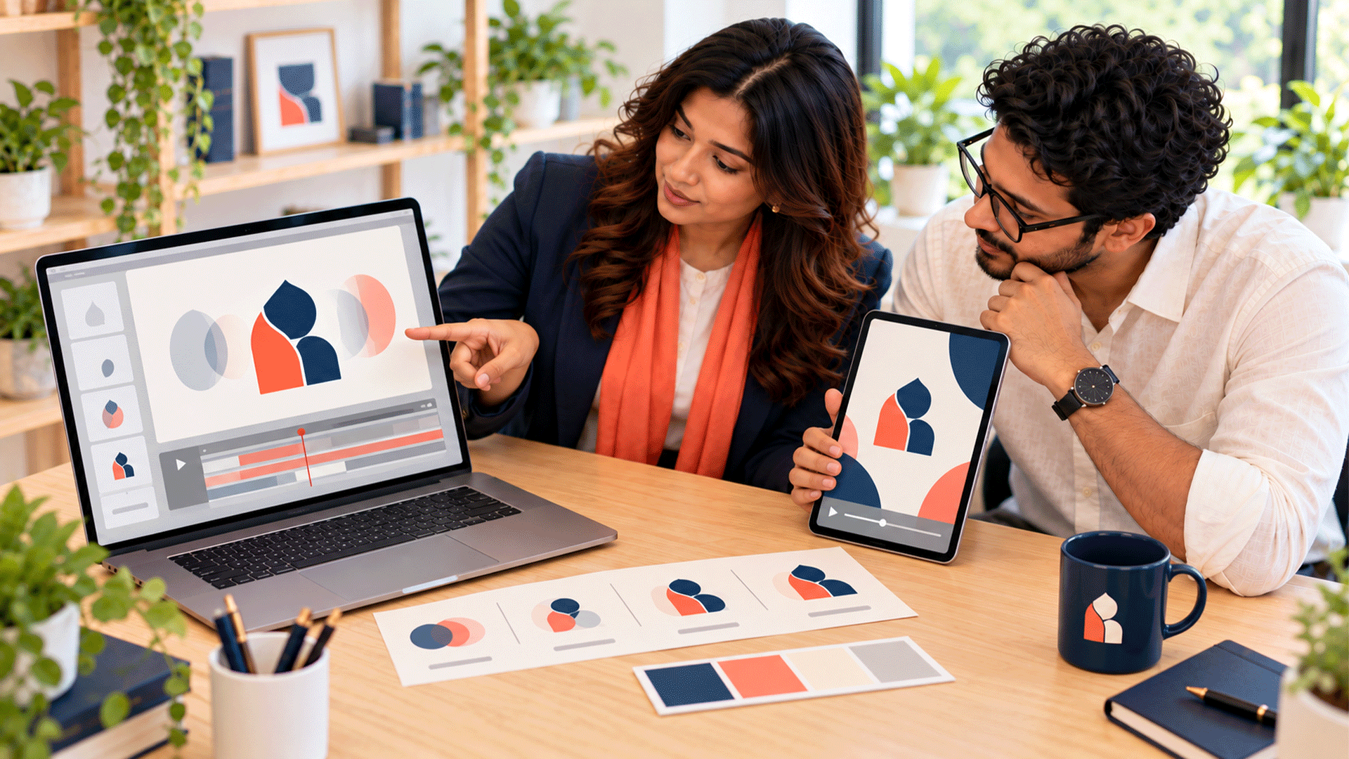 Designer and business owner reviewing a motion branding concept on a laptop and tablet