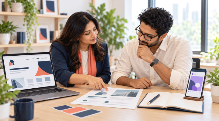 Designer and business owner comparing website, document, and social media styles