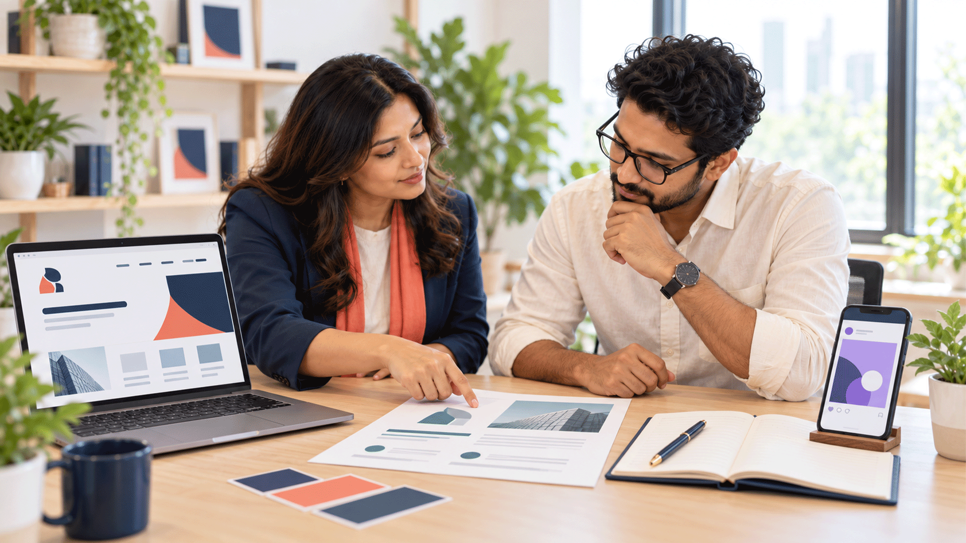 Designer and business owner comparing website, document, and social media styles