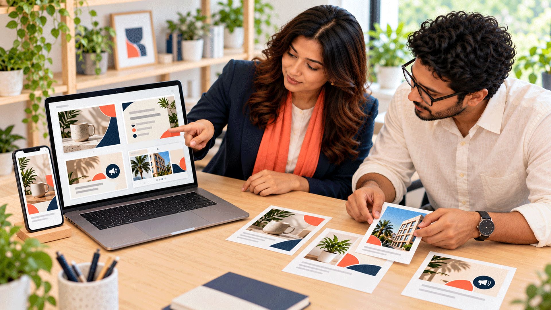Business owner and designer selecting reusable layouts for a social media branding kit