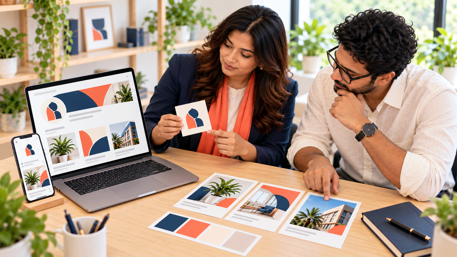 Small business owner and designer reviewing a profile image and starter social media templates