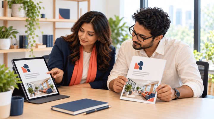 Designer and business owner reviewing the first page of a company profile