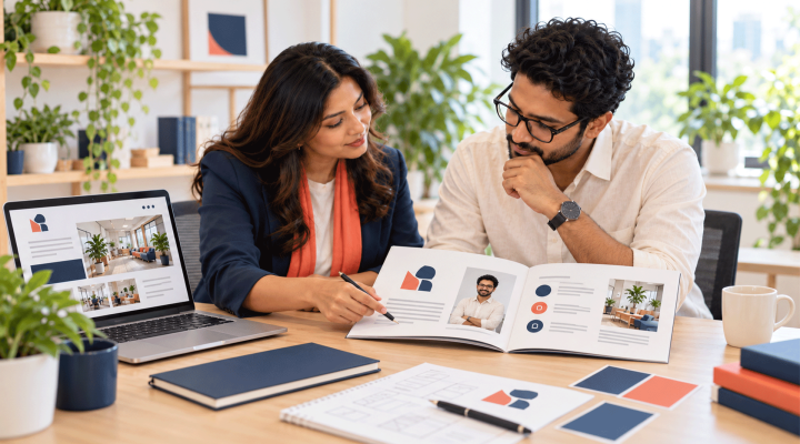 Founder and designer planning a new business company profile beside a website prototype