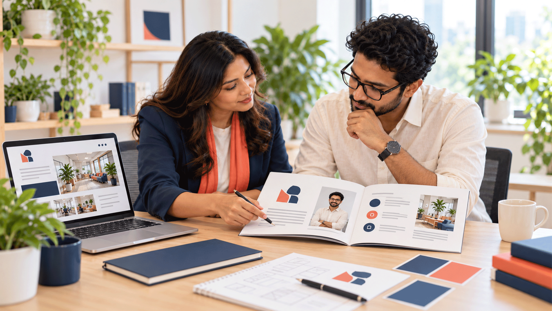 Founder and designer planning a new business company profile beside a website prototype