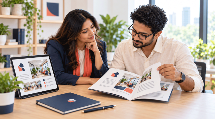 Designer and business owner comparing compact and longer company profile formats