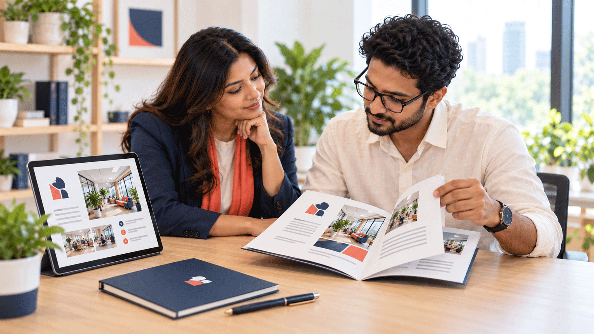 Designer and business owner comparing compact and longer company profile formats