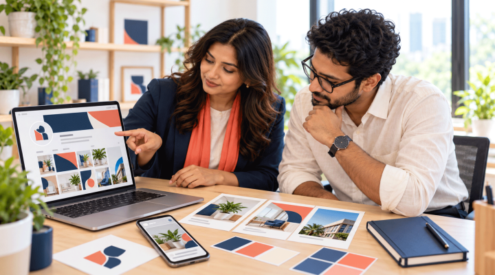 Designer and business owner reviewing coordinated social media profile graphics and post designs