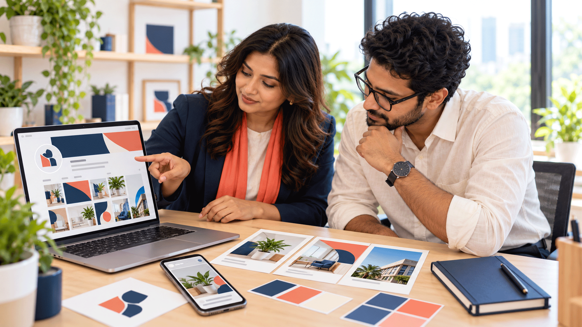 Designer and business owner reviewing coordinated social media profile graphics and post designs