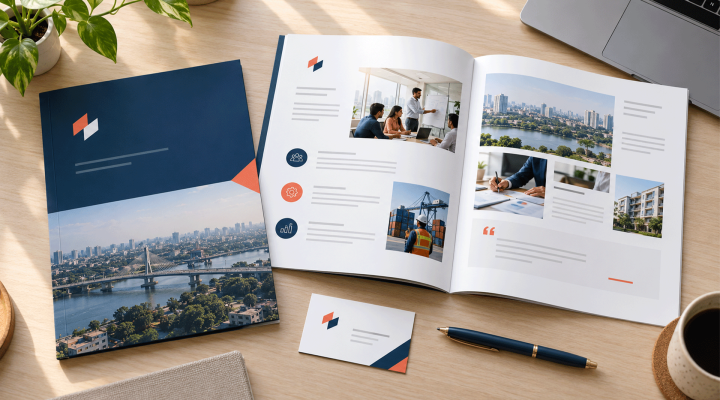 Business owner and designer reviewing a printed company profile beside a matching digital layout