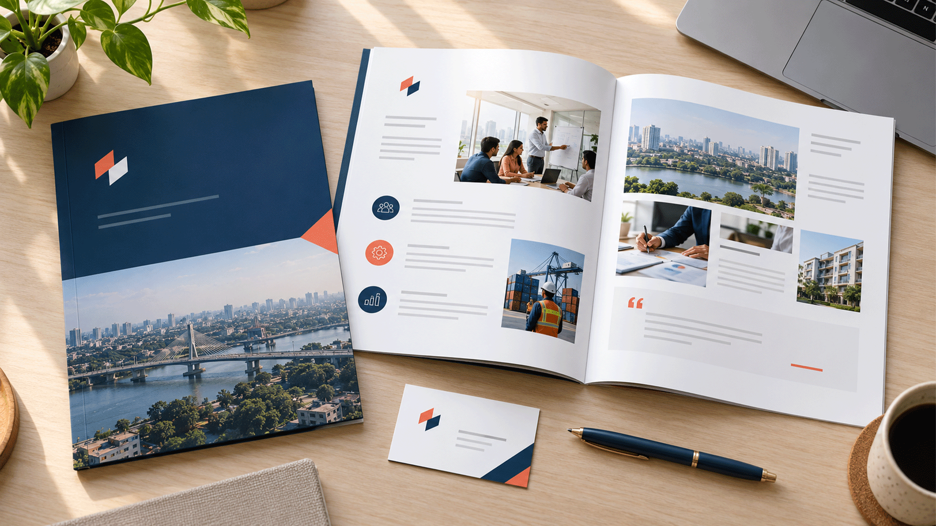 Business owner and designer reviewing a printed company profile beside a matching digital layout
